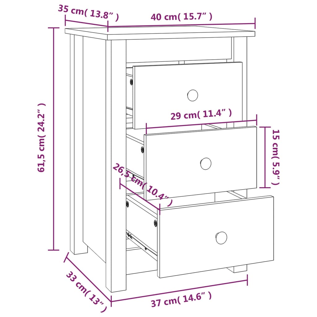Nattbord 2 stk svart 40x35x61,5 cm heltre furu