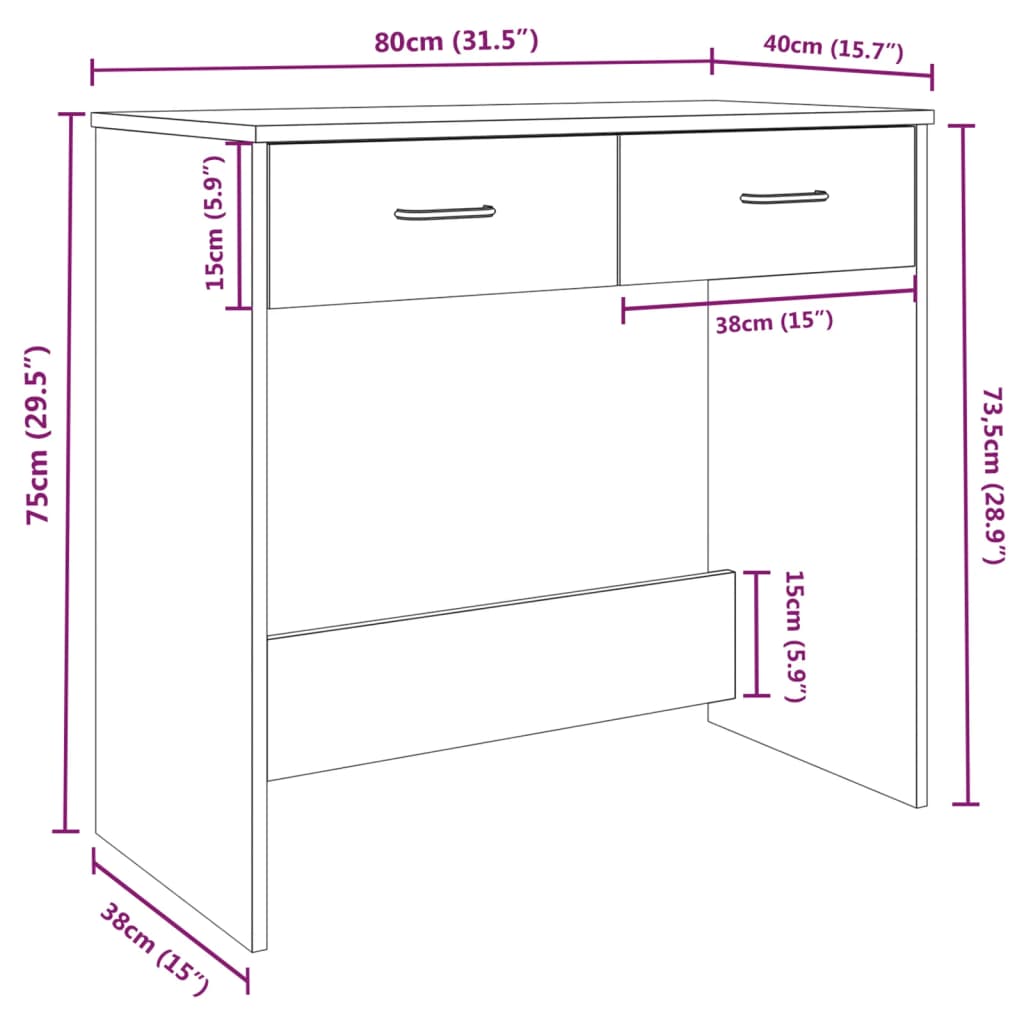 Skrivebord brun eik 80x40x75 cm konstruert tre