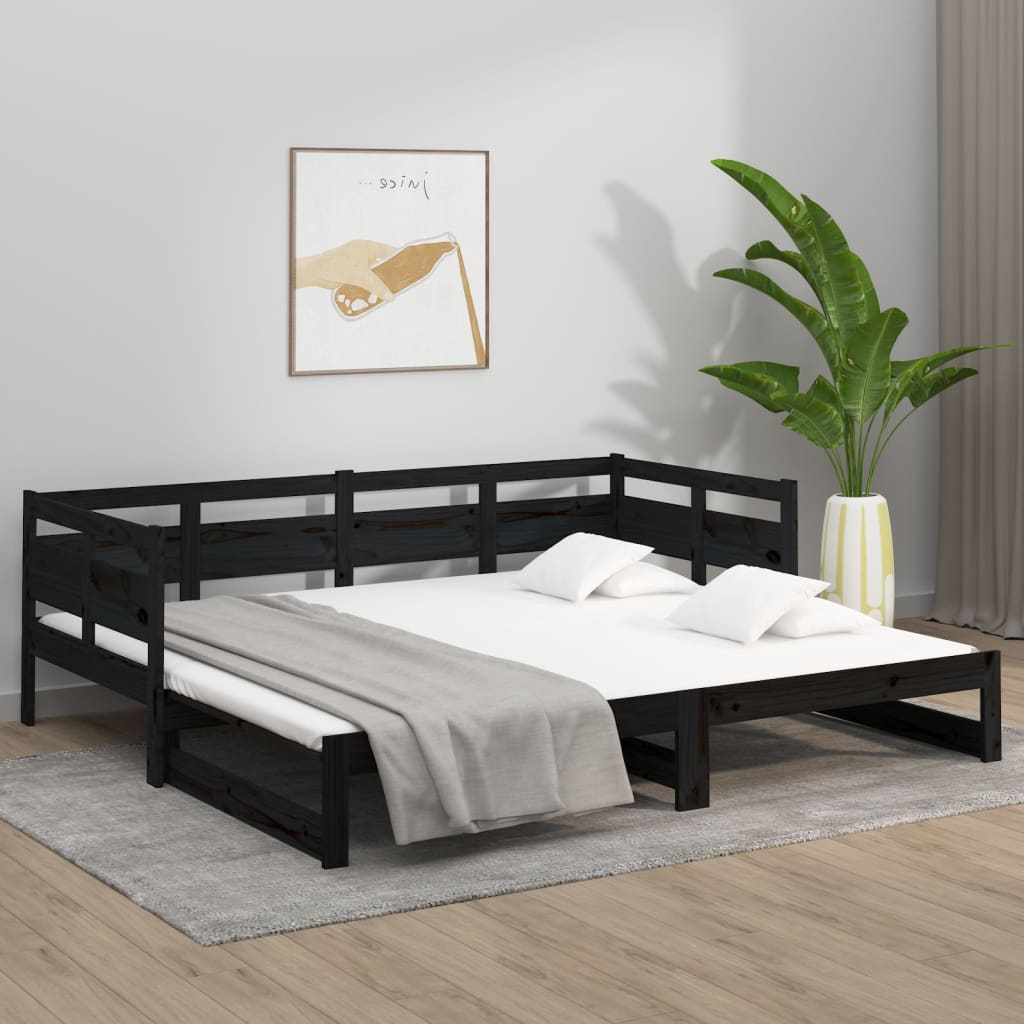 Uttrekkbar dagseng svart heltre furu 2x(90x190) cm
