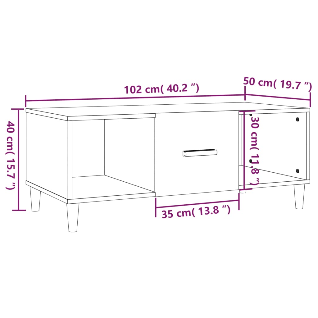 Salongbord hvit 102x50x40 cm konstruert tre