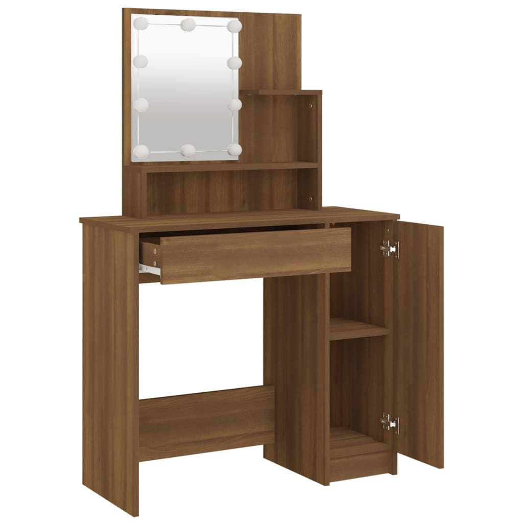 Sminkebord med LED brun eik 86,5x35x136 cm