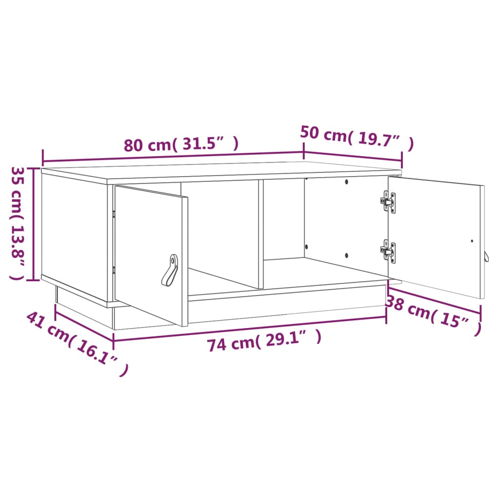 Salongbord hvit 80x50x35 cm heltre furu