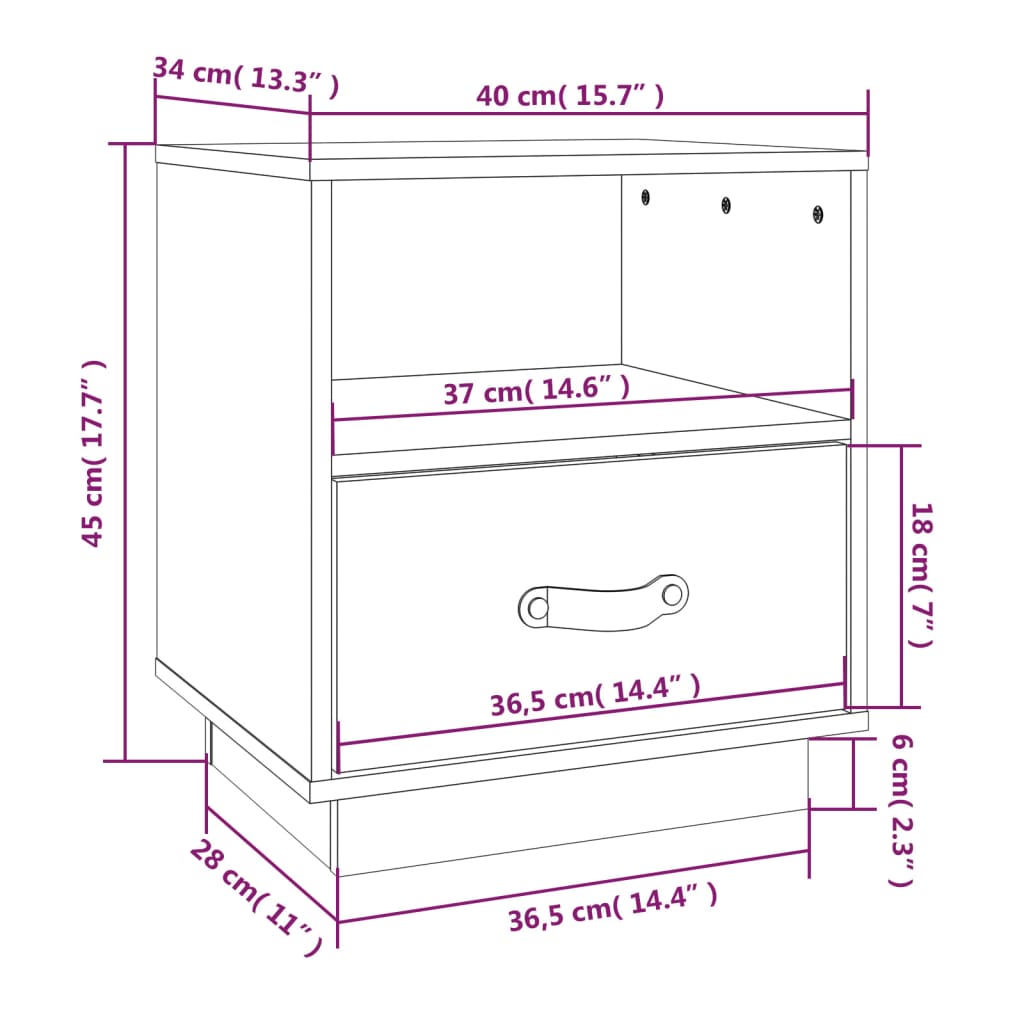 Nattbord hvit 40x34x45 cm heltre furu