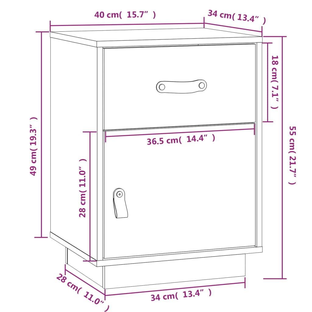 Nattbord 2 stk svart 40x34x55 cm heltre furu