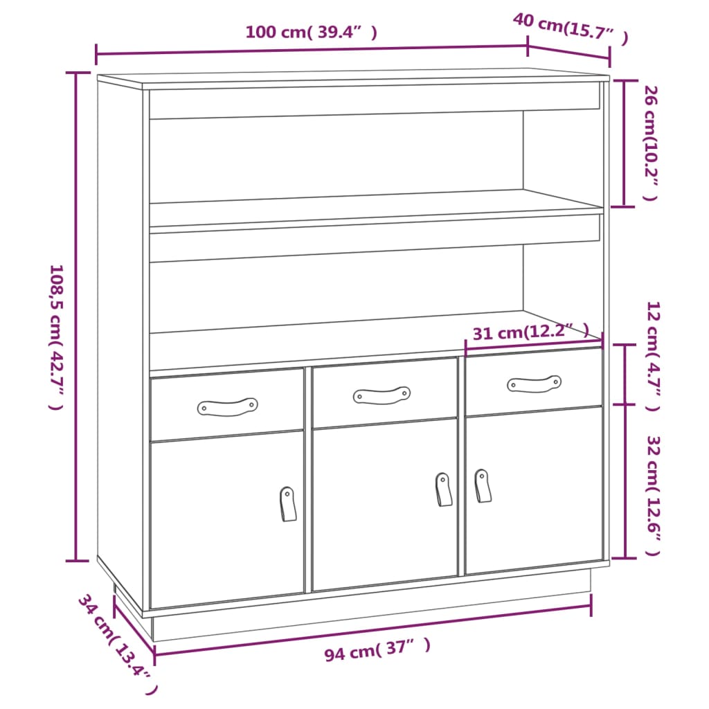 Highboard grå 100x40x108,5 cm heltre furu