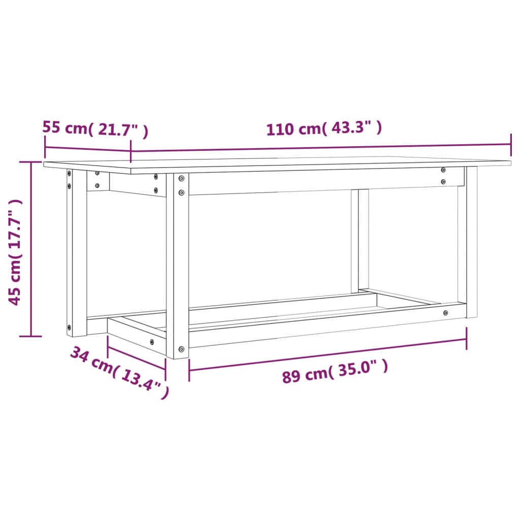 Salongbord hvit 110x55x45 cm heltre furu