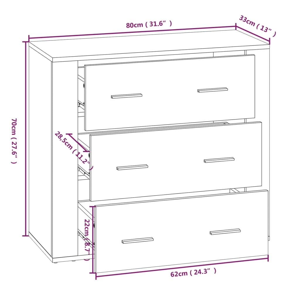 Skjenk hvit 80x33x70 cm konstruert tre