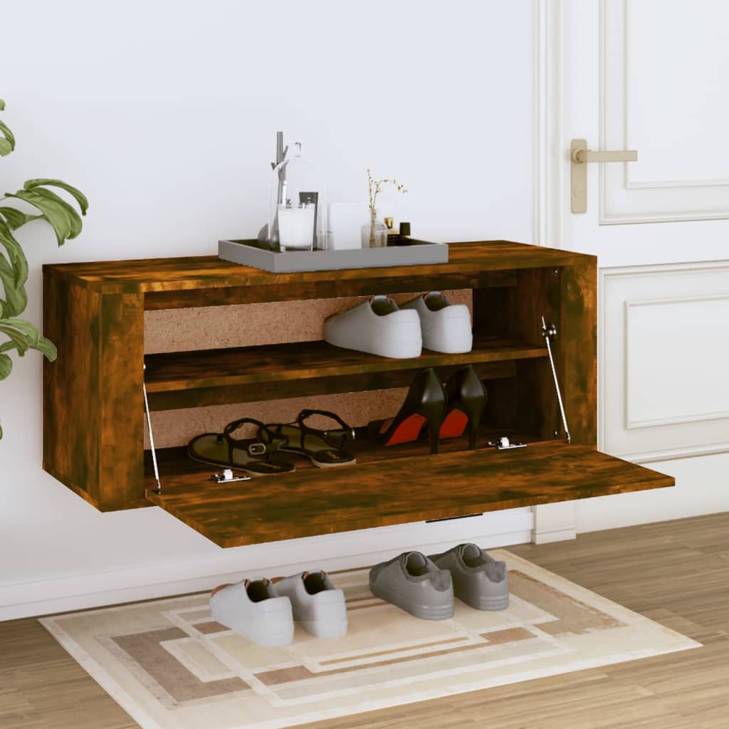 Veggmontert skoskap røkt eik 100x35x38 cm konstruert tre