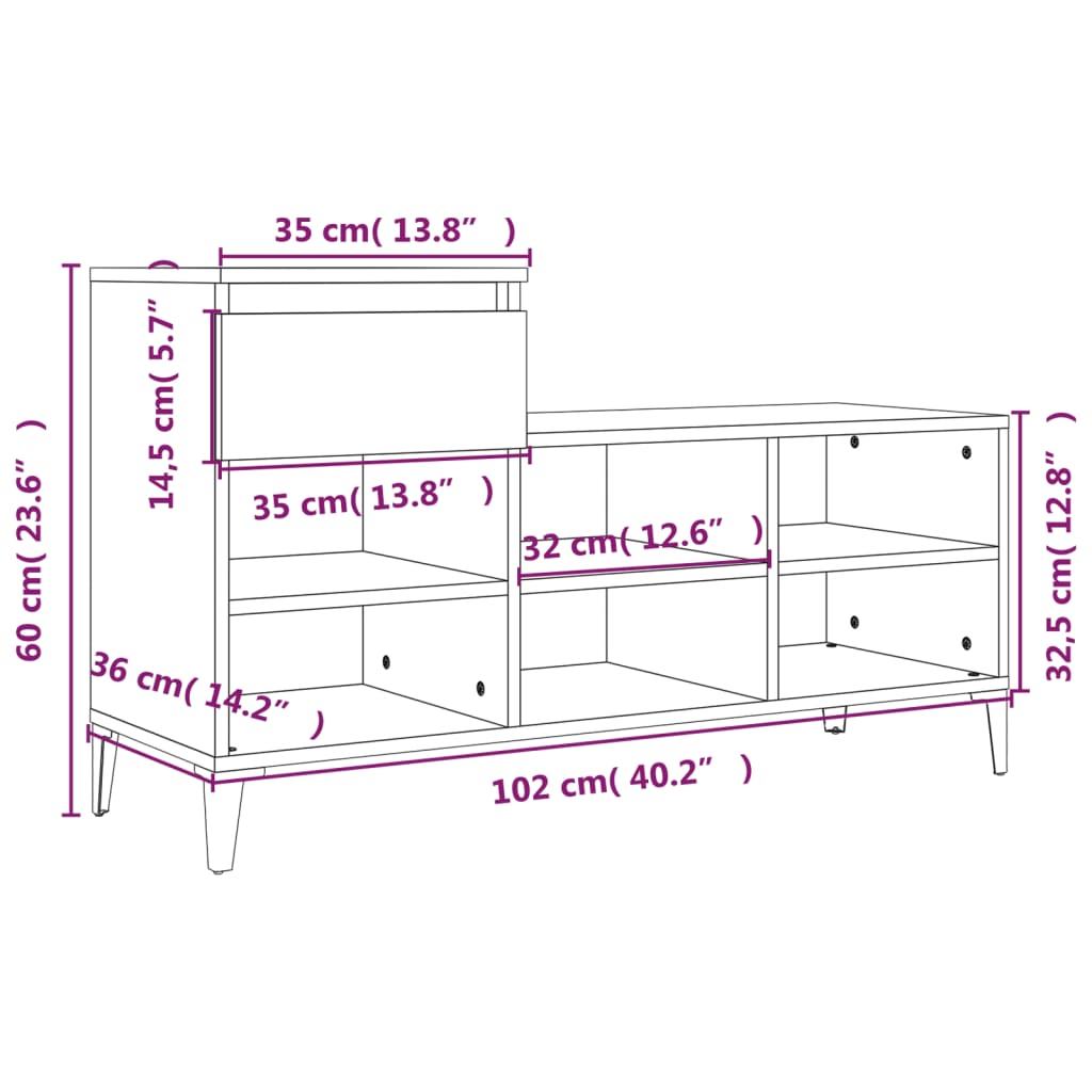 Skoskap hvit 102x36x60 cm konstruert tre