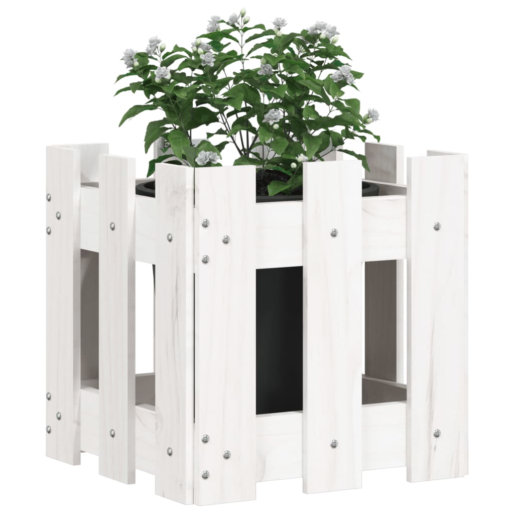 Plantekasse med gjerdedesign hvit 30x30x30 cm heltre furu