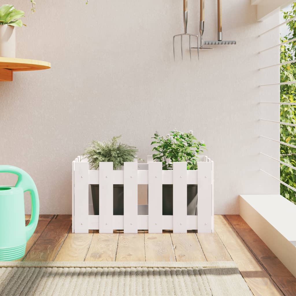 Plantekasse med gjerdedesign hvit 60x30x30 cm heltre furu