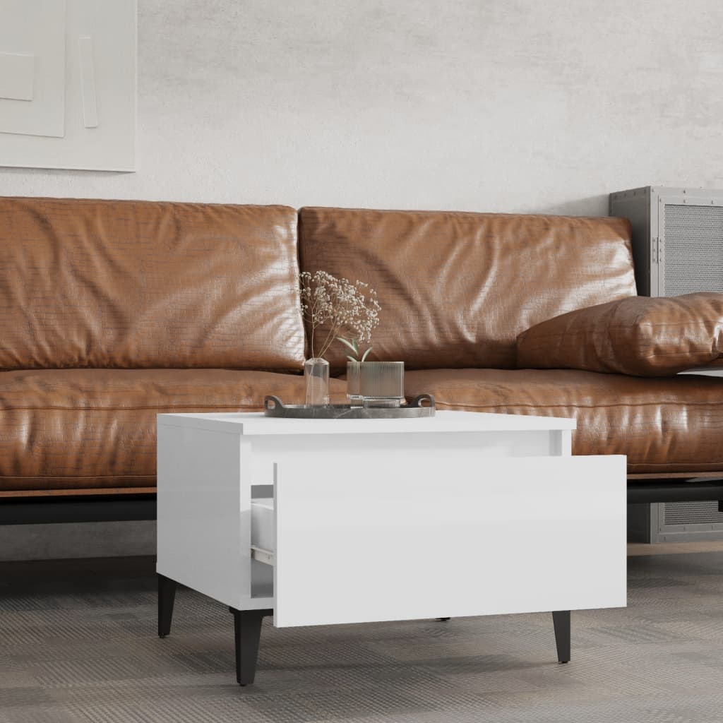 Sidebord 2 stk høyglans hvit 50x46x35 cm konstruert tre