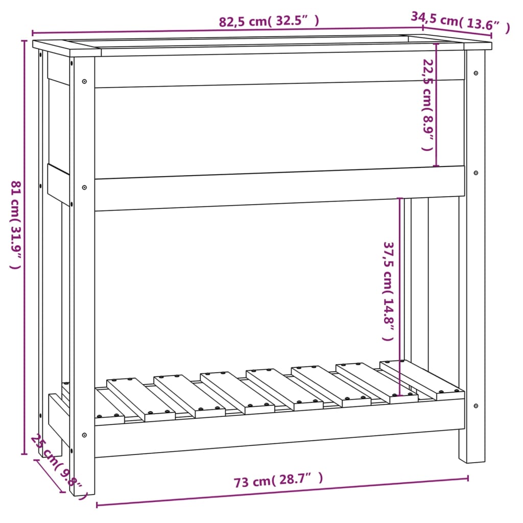 Plantekasse med hylle grå 82,5x34,5x81 cm heltre furu