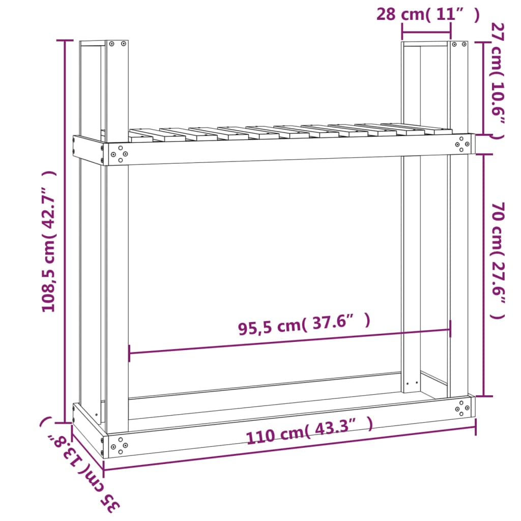 Vedstativ svart 110x35x108,5 cm heltre furu