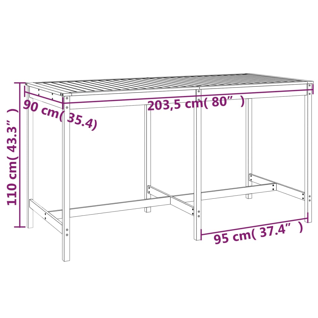 Hagebord hvit 203,5x90x110 cm heltre furu