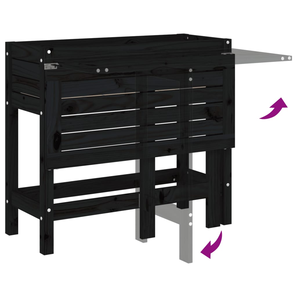 Plantekasse med foldbar bordplate svart heltre furu
