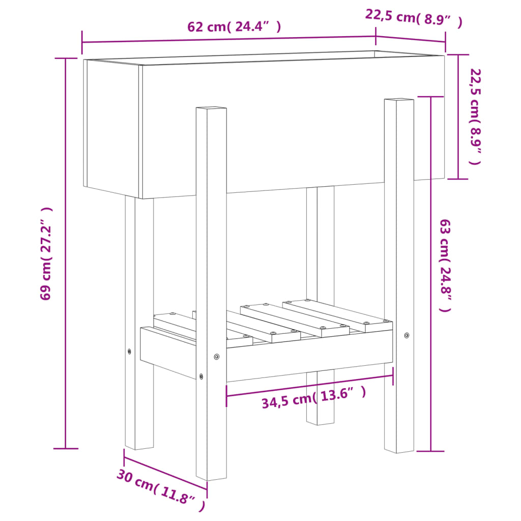 Hageplantekasse svart 62x30x69 cm heltre furu