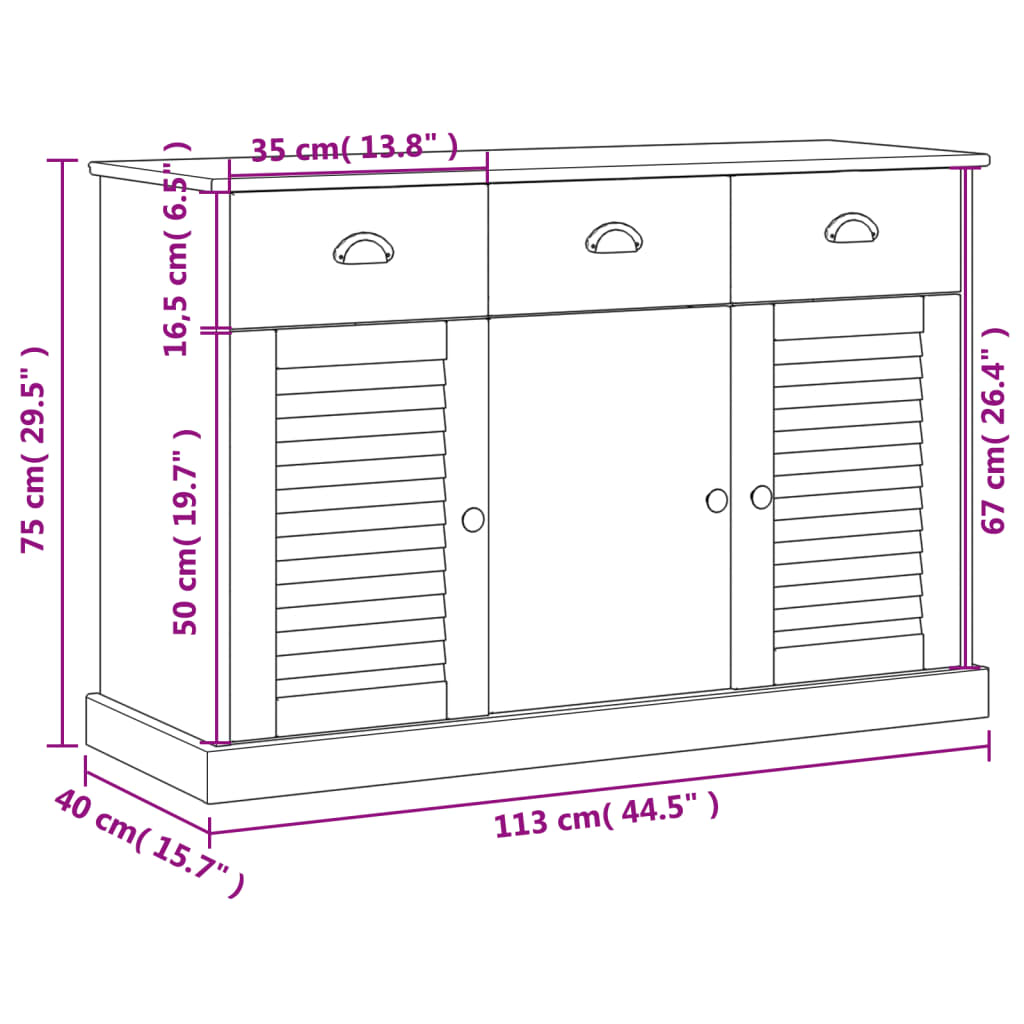 Skjenk med skuffer VIGO 113x40x75 cm heltre furu