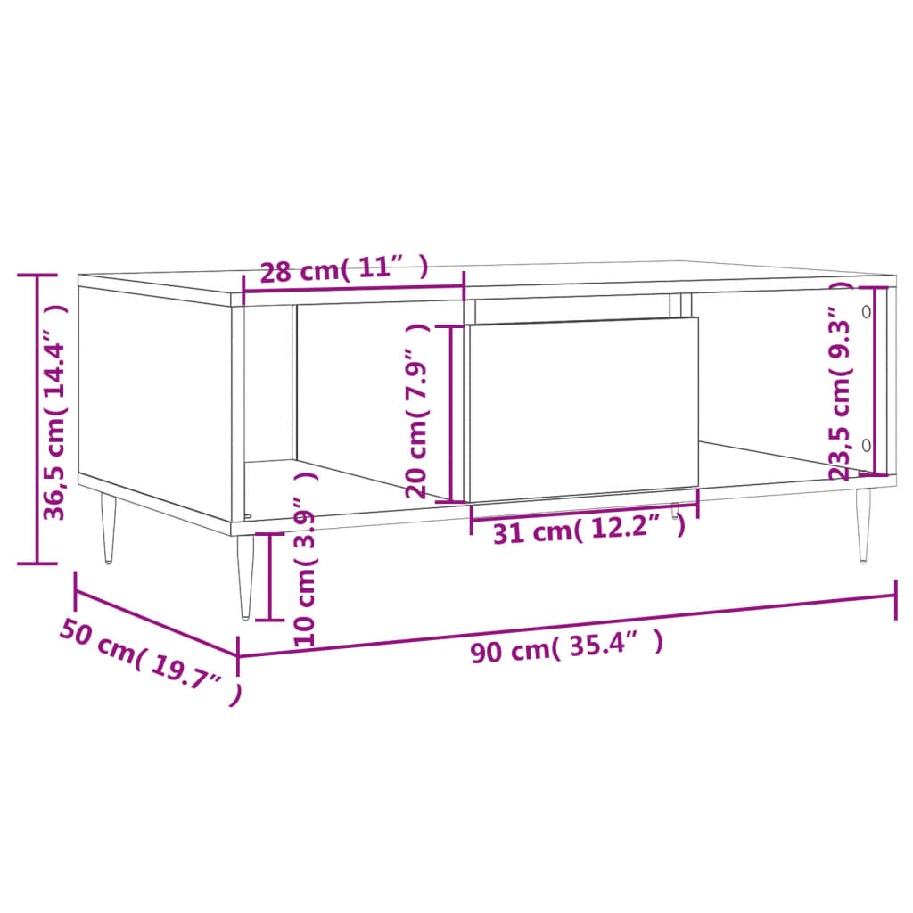 Salongbord høyglans hvit 90x50x36,5 cm konstruert tre