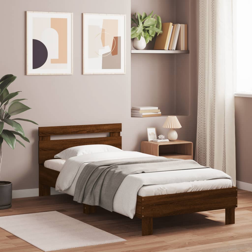Sengeramme med hodegavl og LED-lys brun eik 90x200 cm