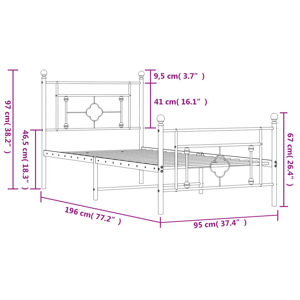 Sengeramme i metall med hode- og fotgavl svart 90x190 cm
