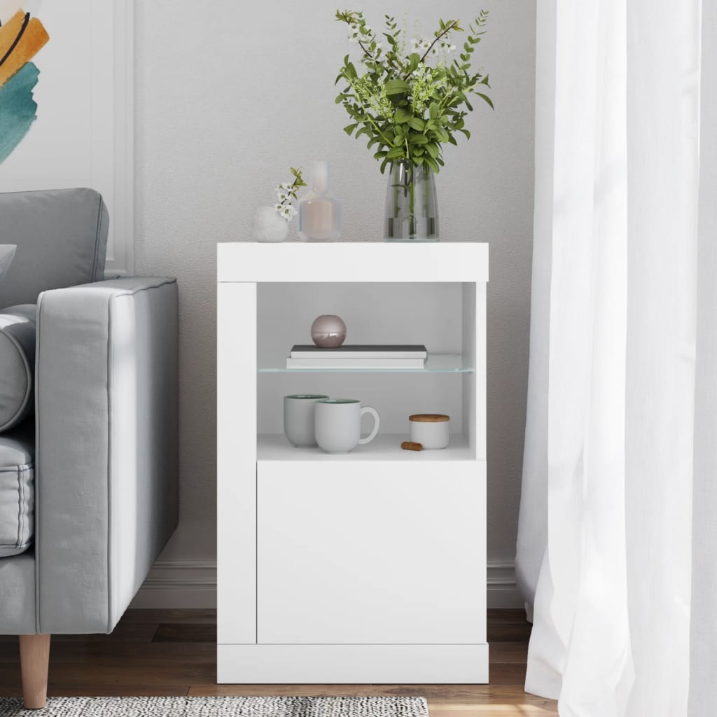 Sideskap med LED-lys hvit konstruert tre