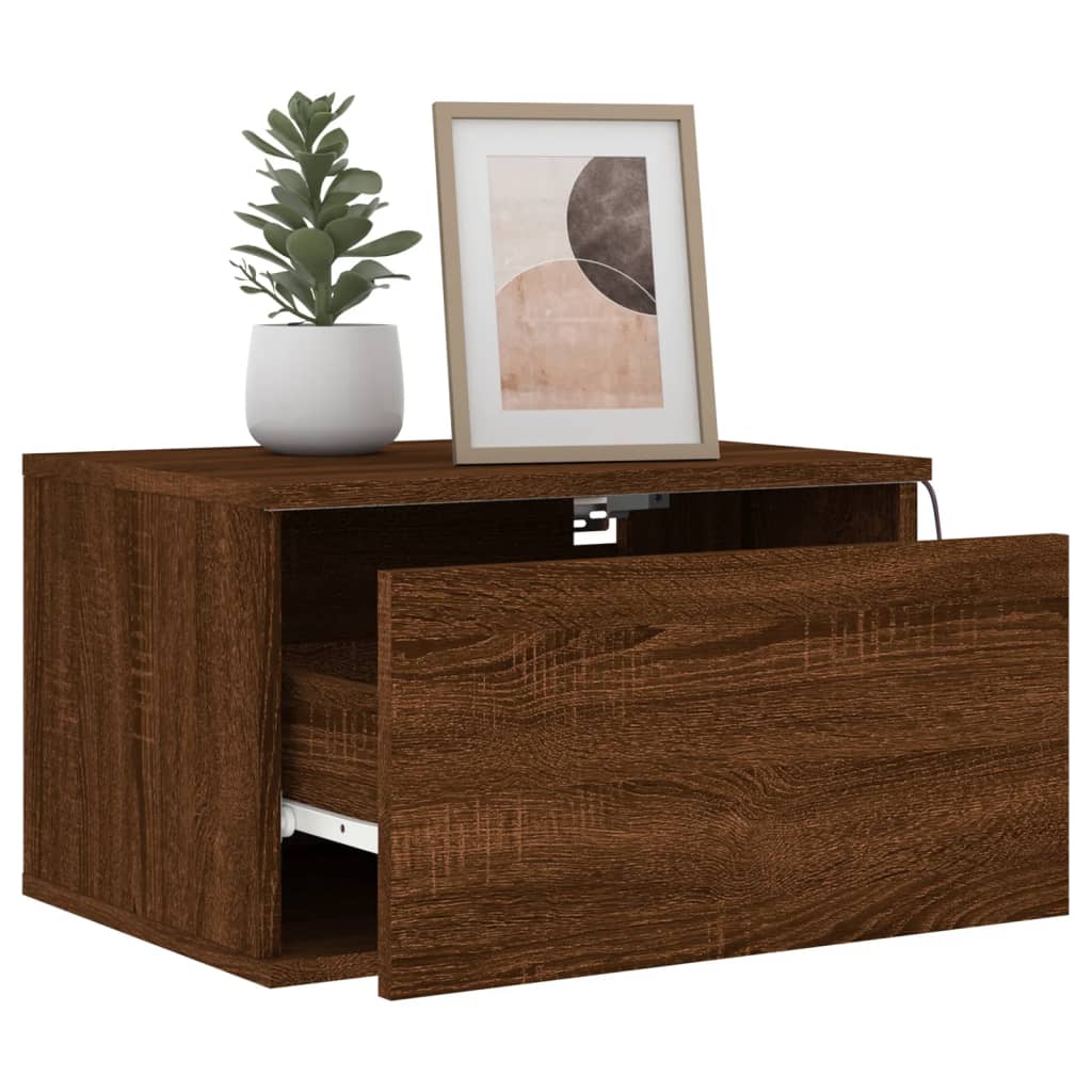Vegghengte nattbord med LED-lys 2 stk brun eik