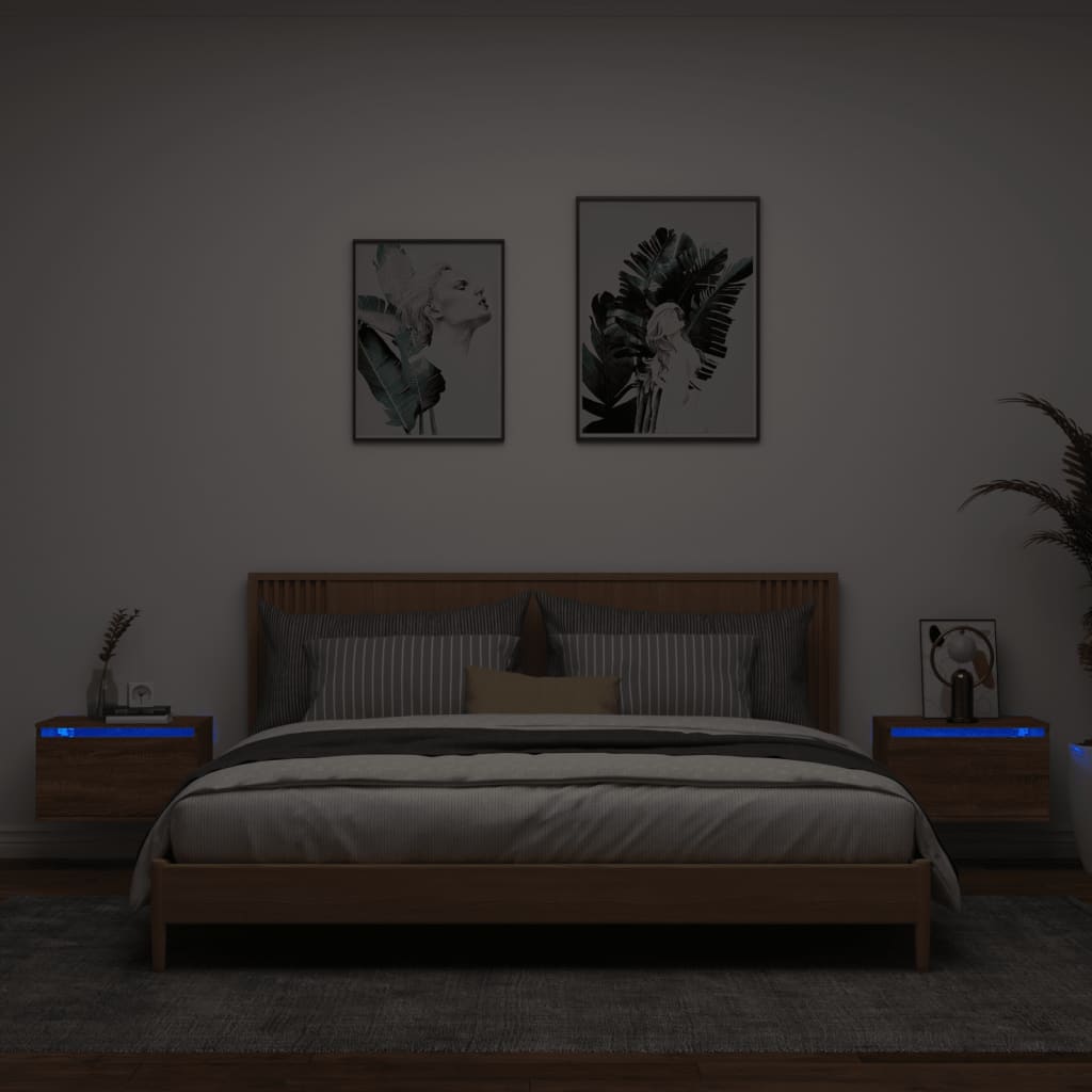 Vegghengte nattbord med LED-lys 2 stk brun eik