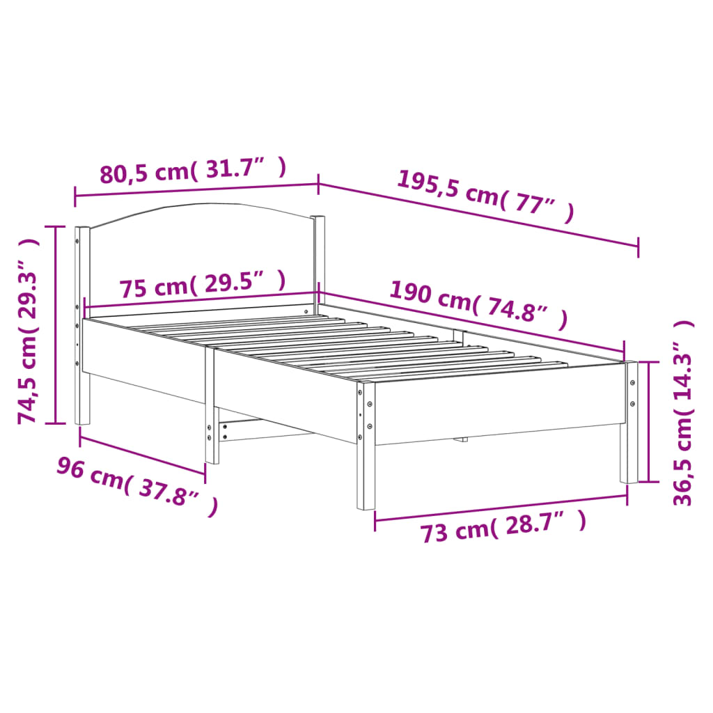 Sengeramme uten madrass voksbrun 75x190 cm heltre furu