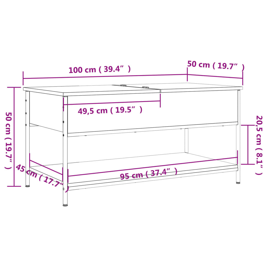 Salongbord røkt eik 100x55x50 cm konstruert tre og metall