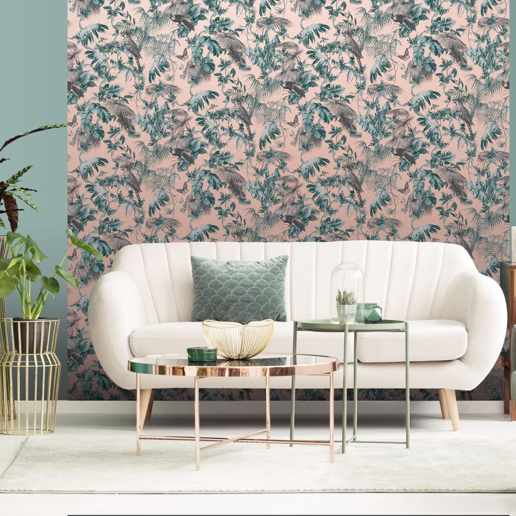 DUTCH WALLCOVERINGS Veggpanel blader og fugler grønn og rosa