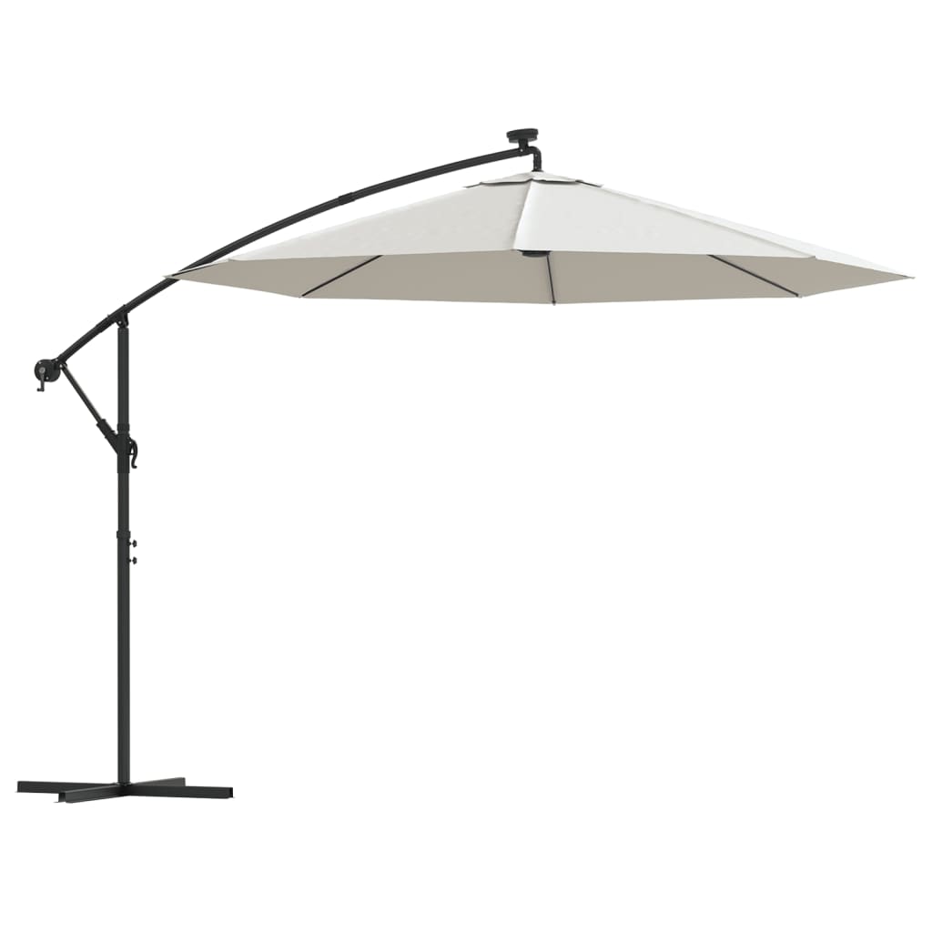 Hengeparasoll med LED-lys 300 cm sand metallstang vidaXL