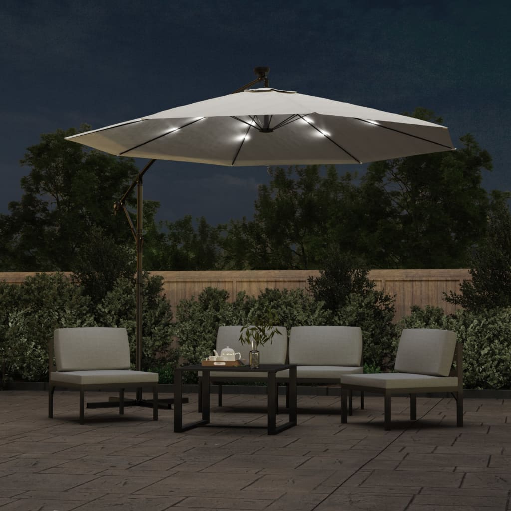 Hengeparasoll med LED-lys 300 cm sand metallstang vidaXL