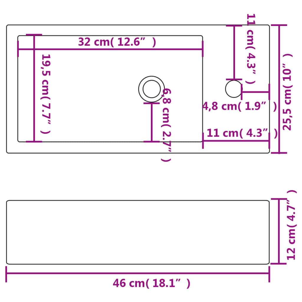 Servant med kranhull rektangulært keramisk hvit 46x25,5x12 cm