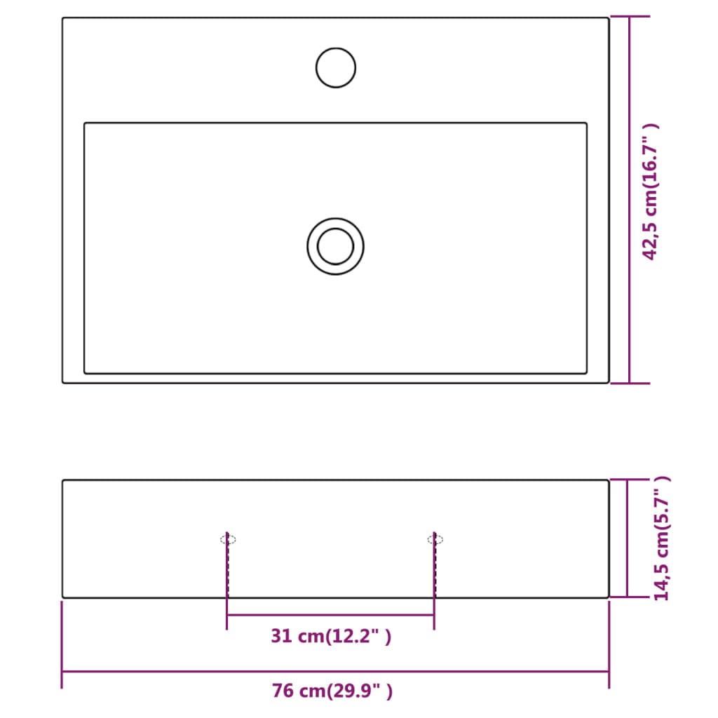 Servant med kranhull keramisk hvit 76x42,5x14,5 cm