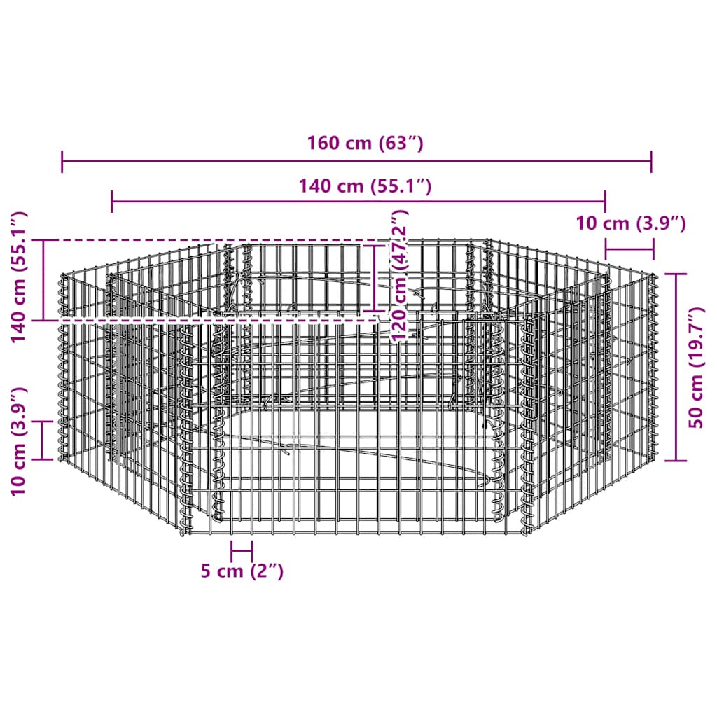 Gabion høybed sekskantet 160x140x50 cm