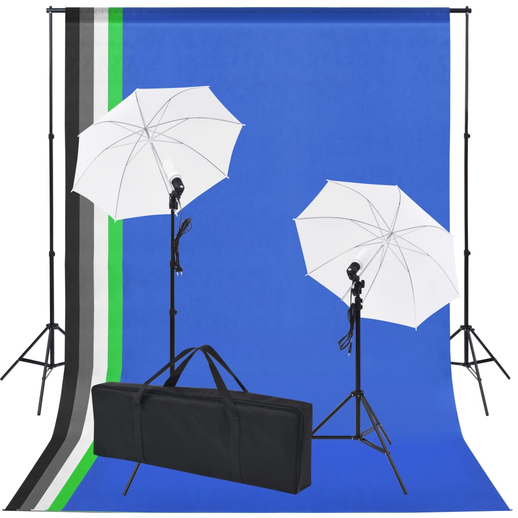 Fotostudiosett: 5 fargerike bakgrunner og 2 paraplyer