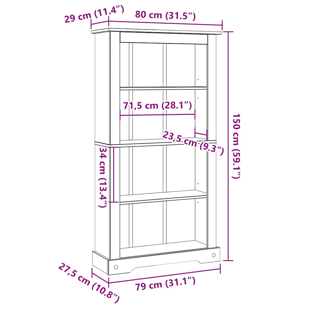 Bokhylle med 4 hyller meksikansk Corona-stil furu 80x29x150 cm
