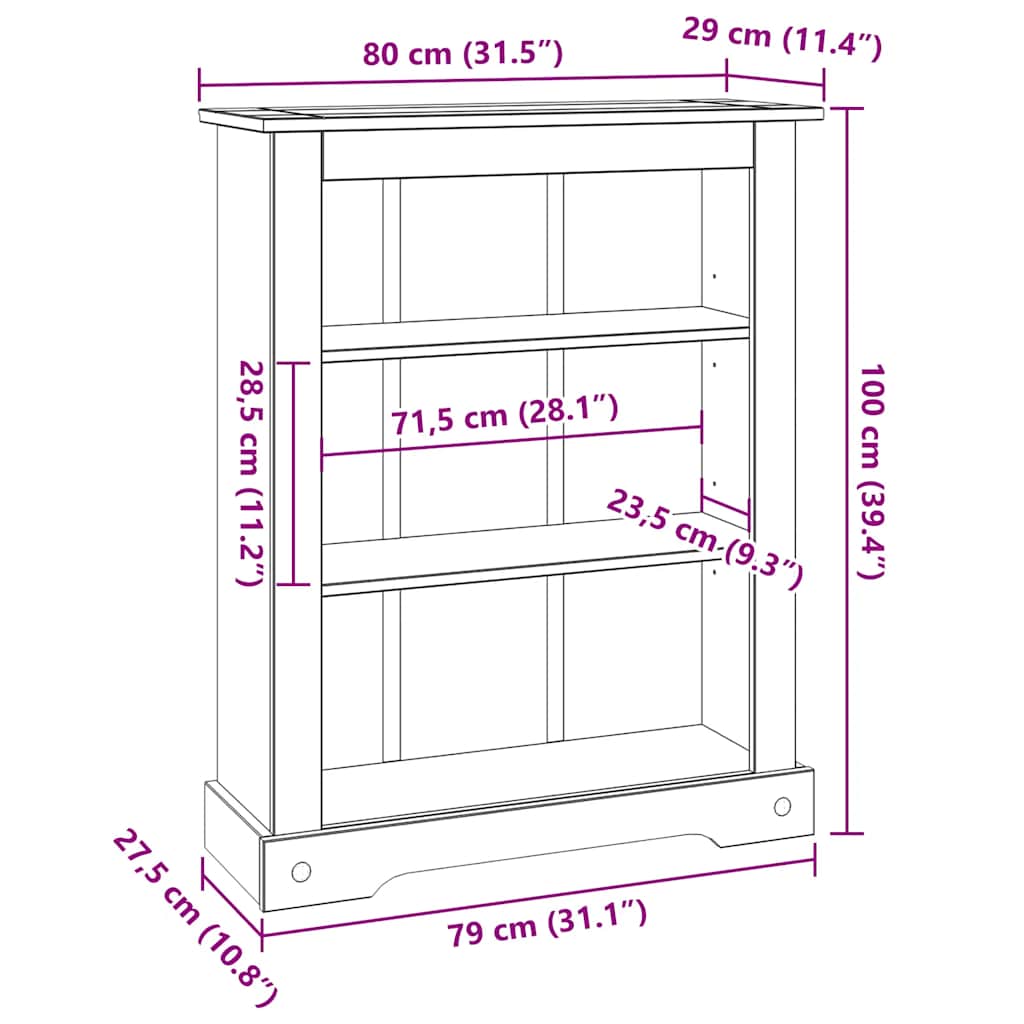 Bokhylle med 3 hyller meksikansk Corona-stil furu 80x29x100 cm
