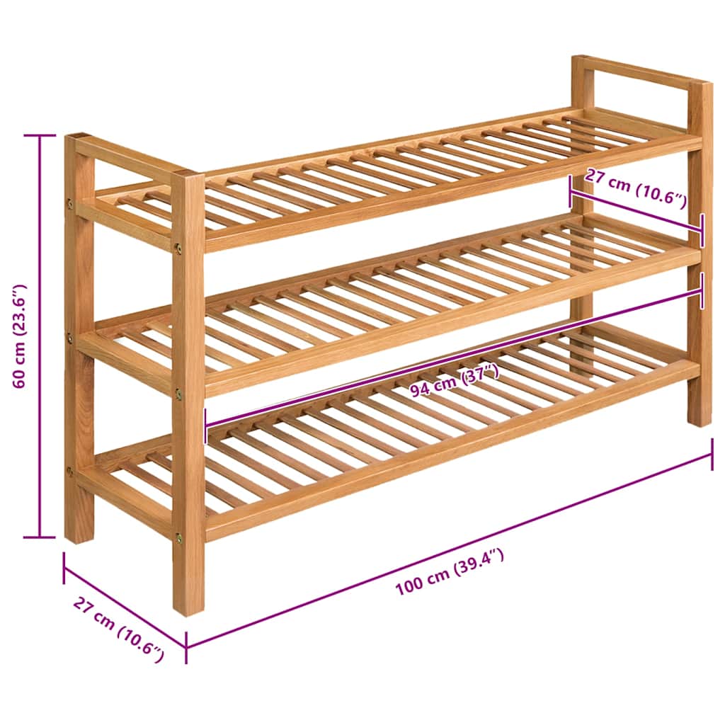 Skostativ med 3 hyller 100x27x60 cm heltre eik