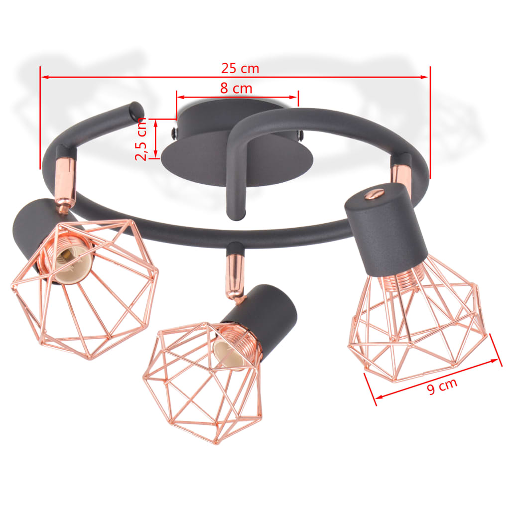 Taklampe med 3 spotlys E14 svart og kobber