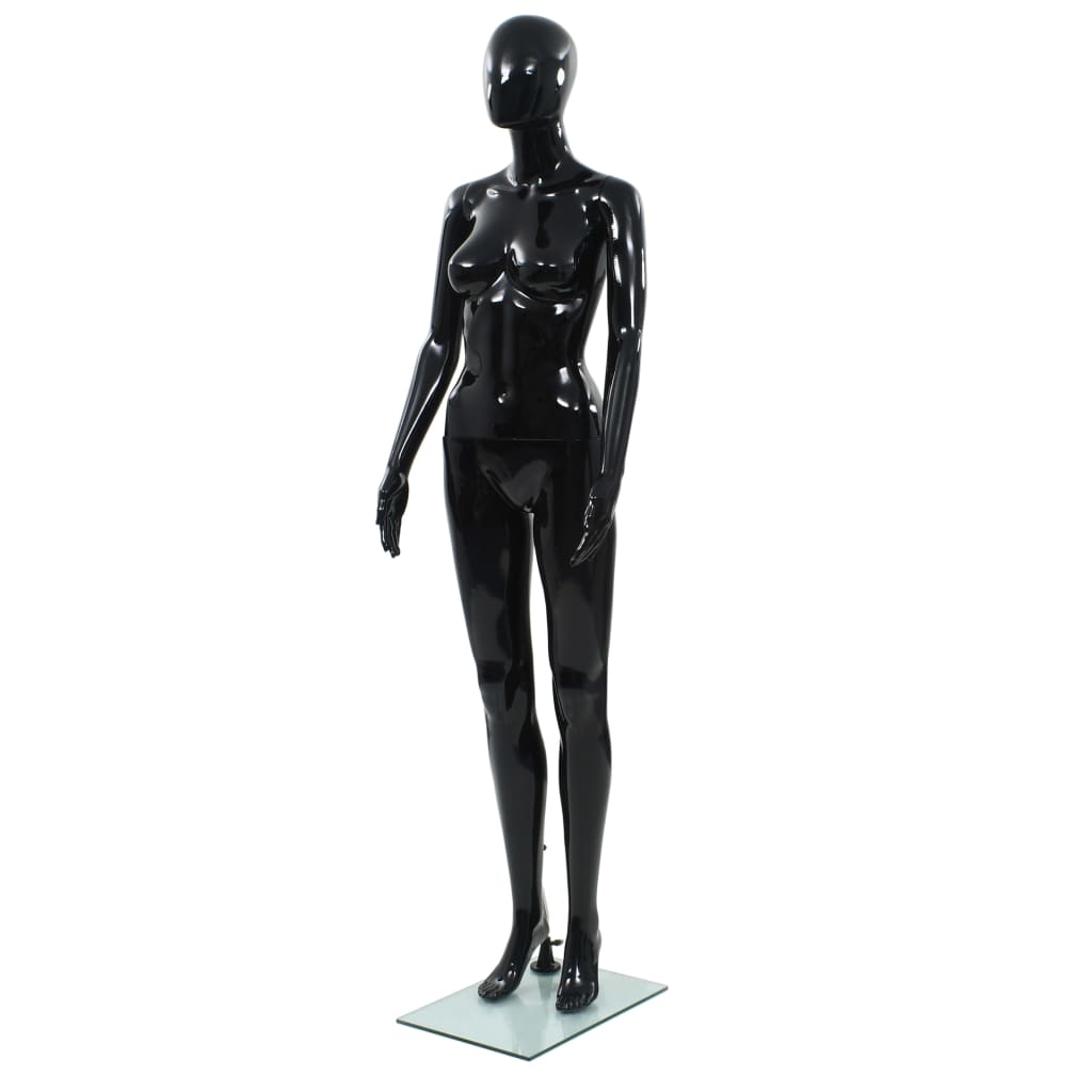 Full-body kvinnelig utstillingsdukke med glassbase svart 175 cm