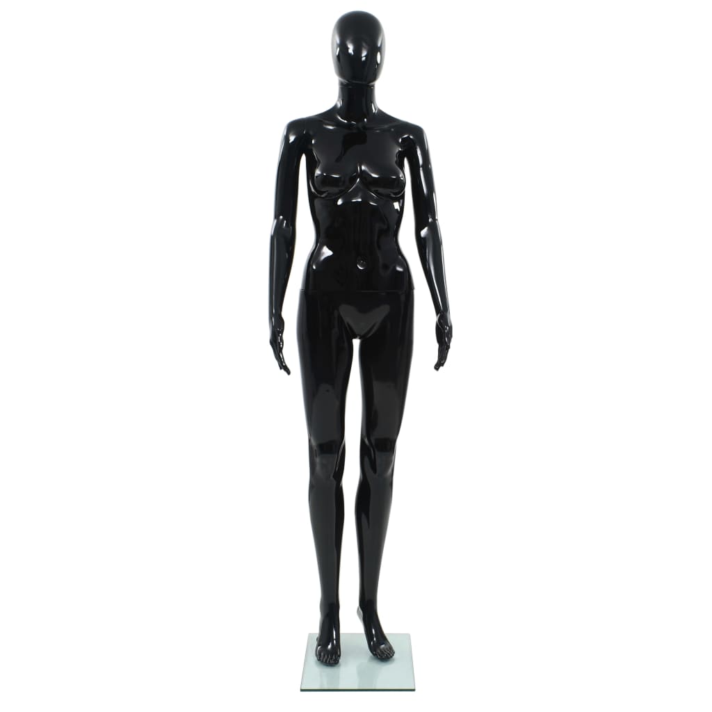 Full-body kvinnelig utstillingsdukke med glassbase svart 175 cm