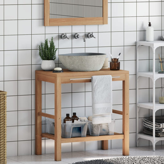 Baderomshylle heltre teak med vaskeskål av elvestein