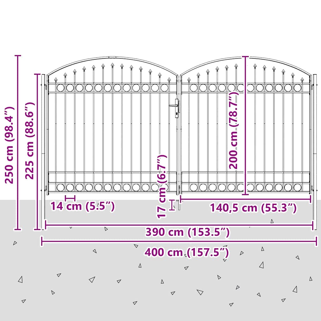 Gjerdeport ASSEN dobbeldør med buet topp stål 400x200 cm