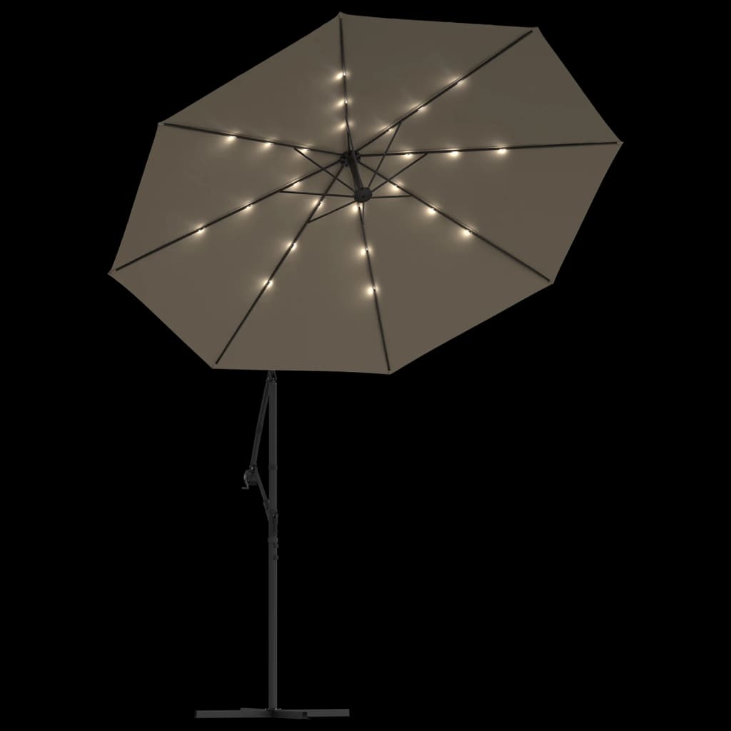 Hengende hageparasoll med LED-lys og stålstang 300 cm gråbrun