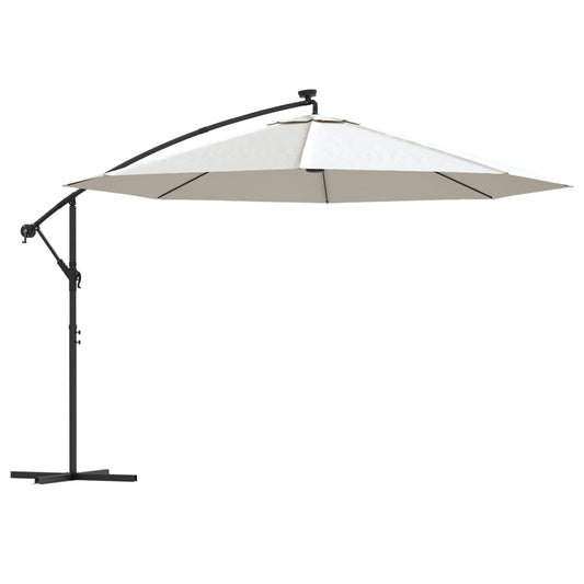 Hengende hageparasoll med LED-lys og metallstang 350 cm sand
