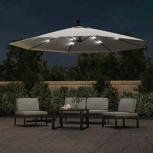 Hengende hageparasoll med LED-lys og metallstang 350 cm sand