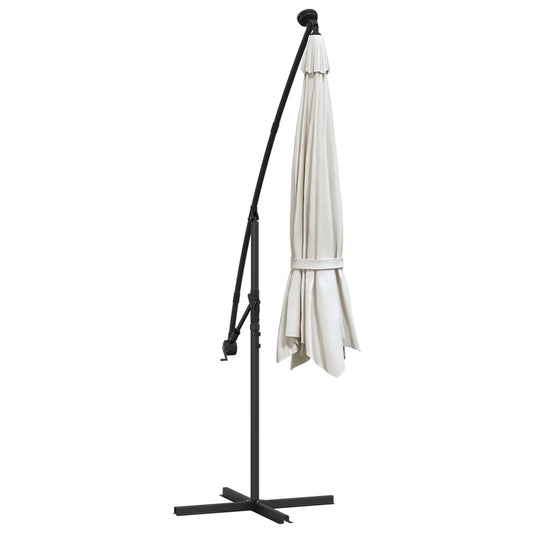 Hengende hageparasoll med LED-lys og metallstang 350 cm sand