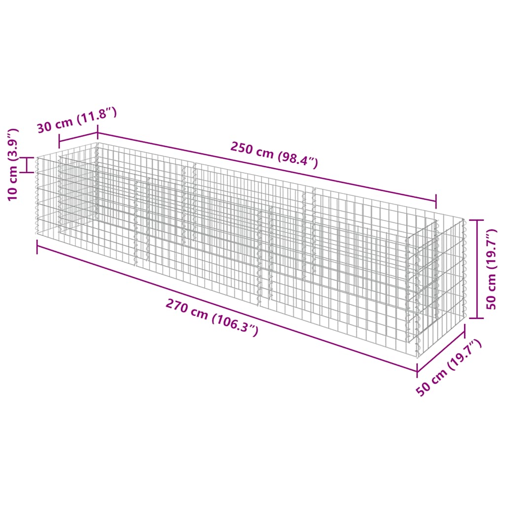 Gabion høybed galvanisert stål 270x50x50 cm